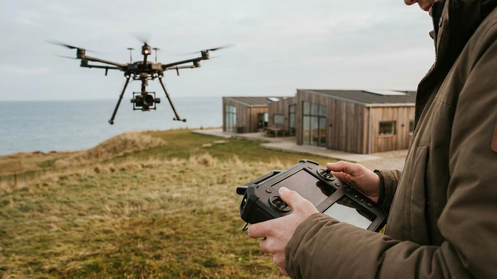 Droneoperatør filmer luftoptagelse til erhvervsvideo