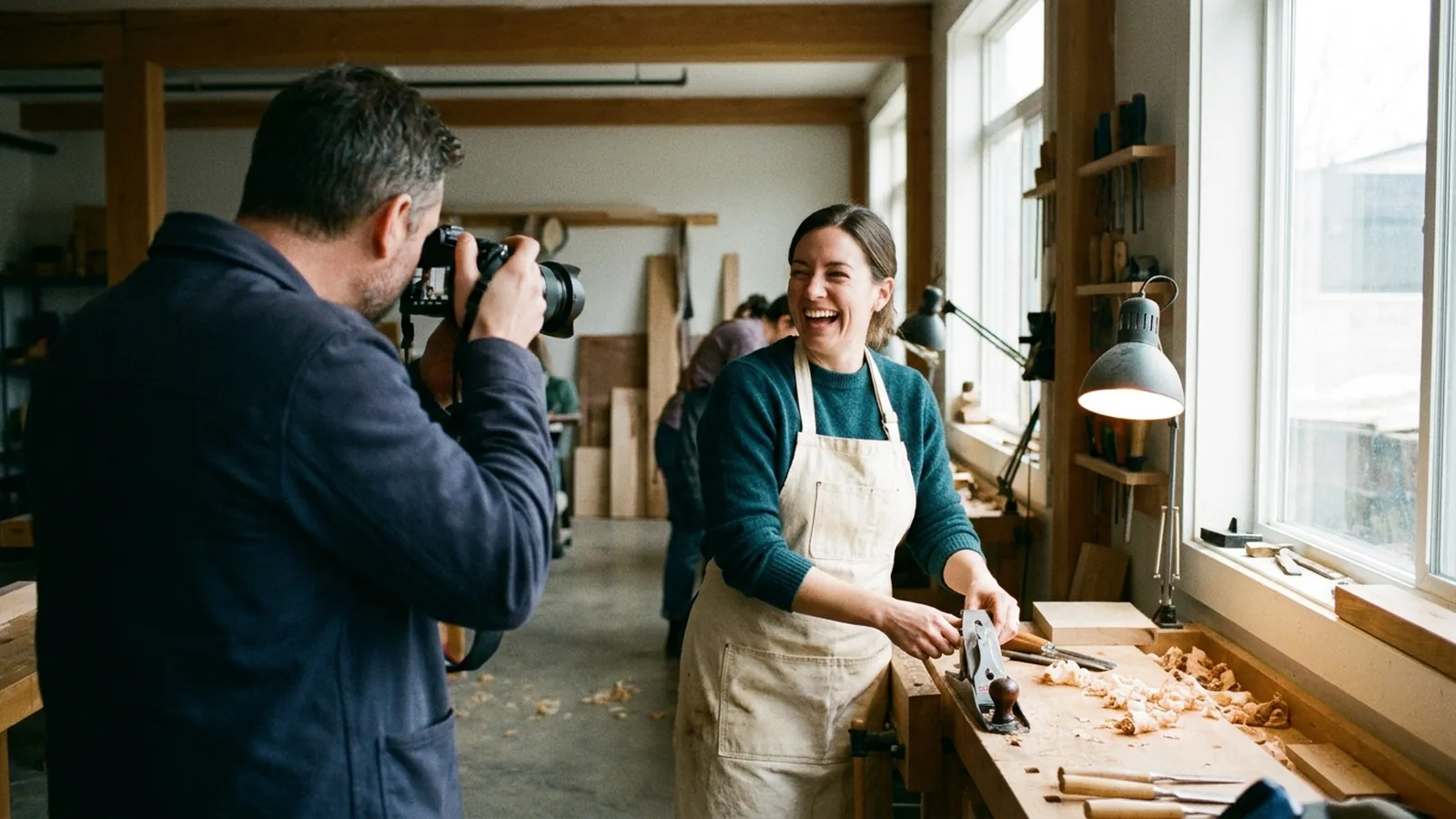 Erhvervsfotograf fotograferer en medarbejder på arbejdspladsen