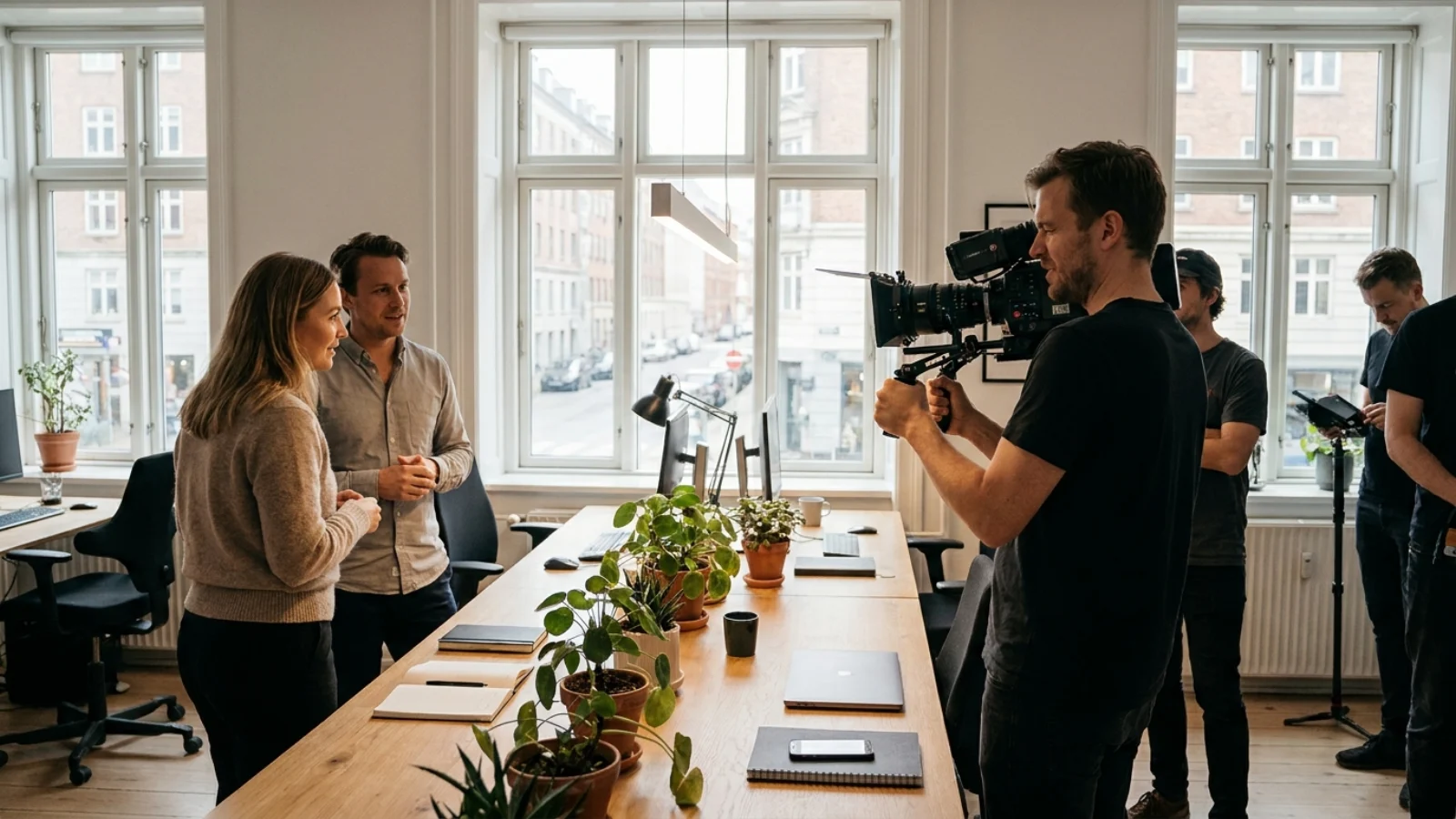 Optagelse af en firmafilm med kamera og lys sat op i erhvervslokaler