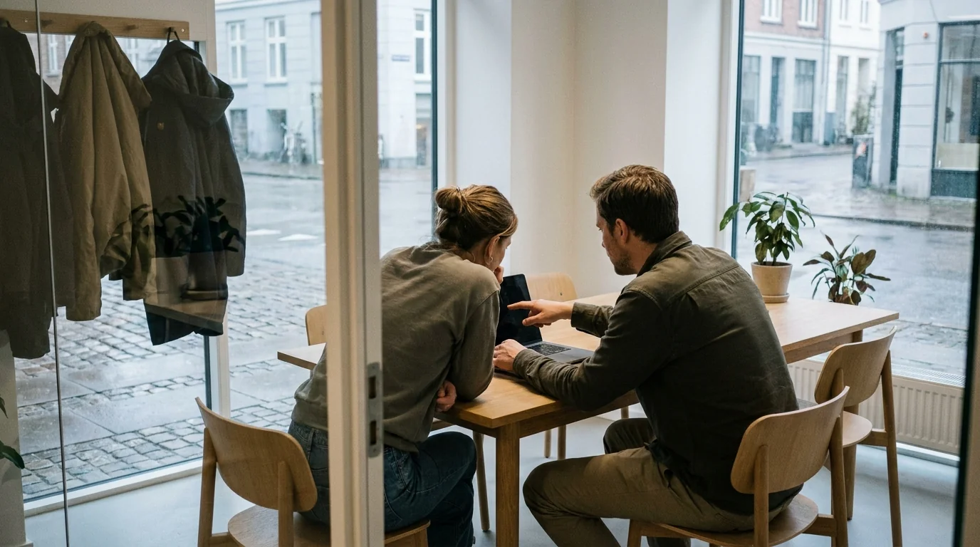 To personer gennemgår en hjemmeside sammen på en laptop