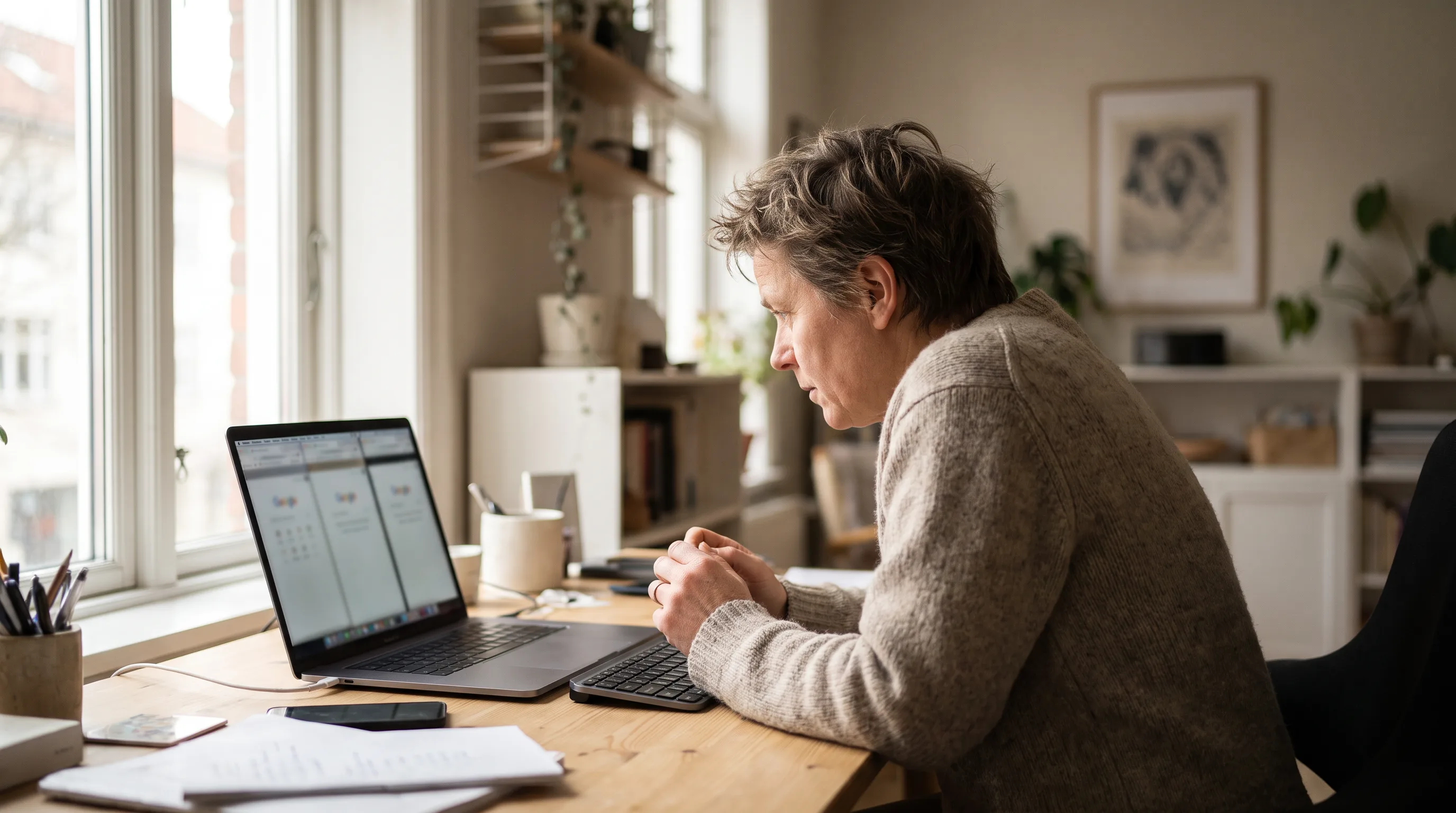 Virksomhedsejer sammenligner hjemmesideplatforme på en bærbar computer