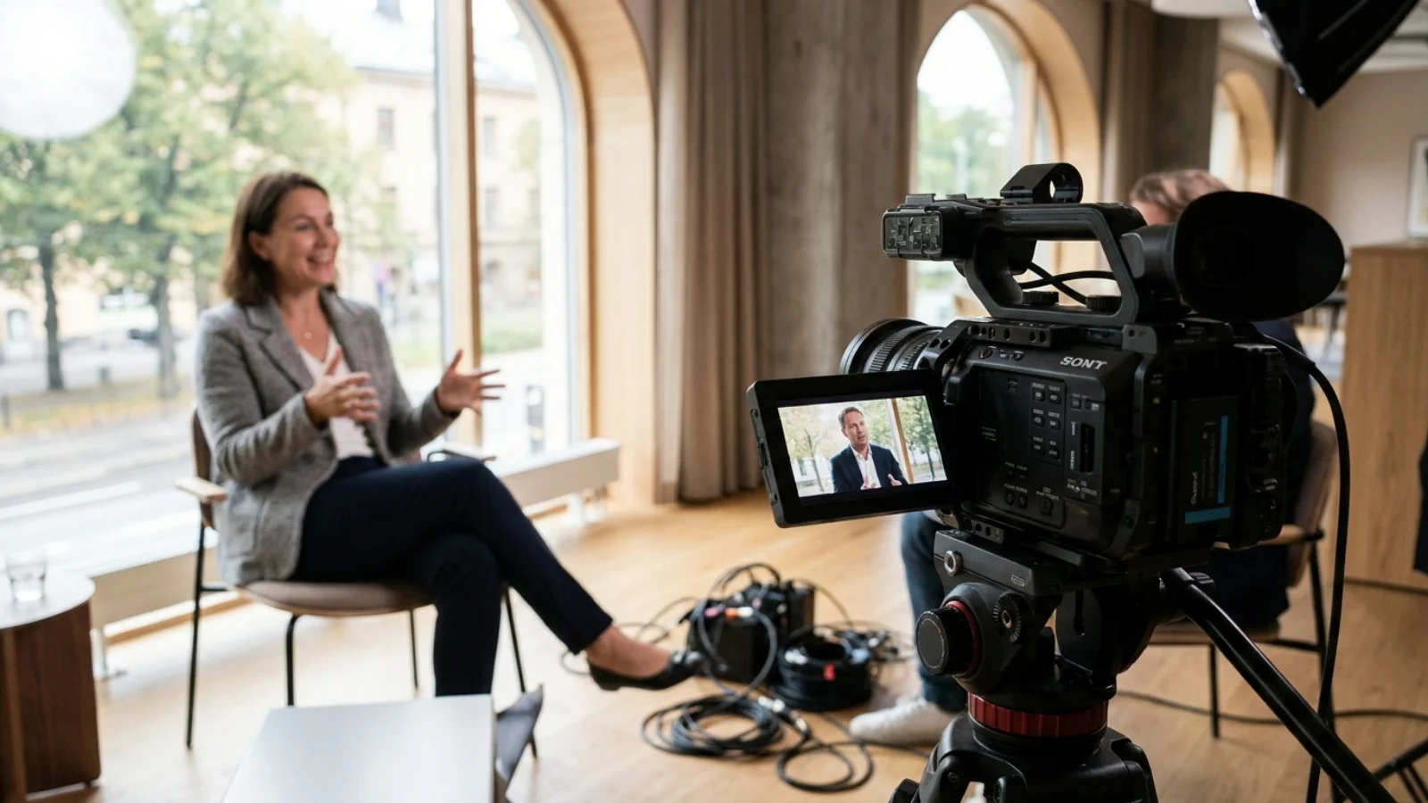 Videoproducent optager virksomhedsvideo med kamera på stativ i lyse erhvervslokaler