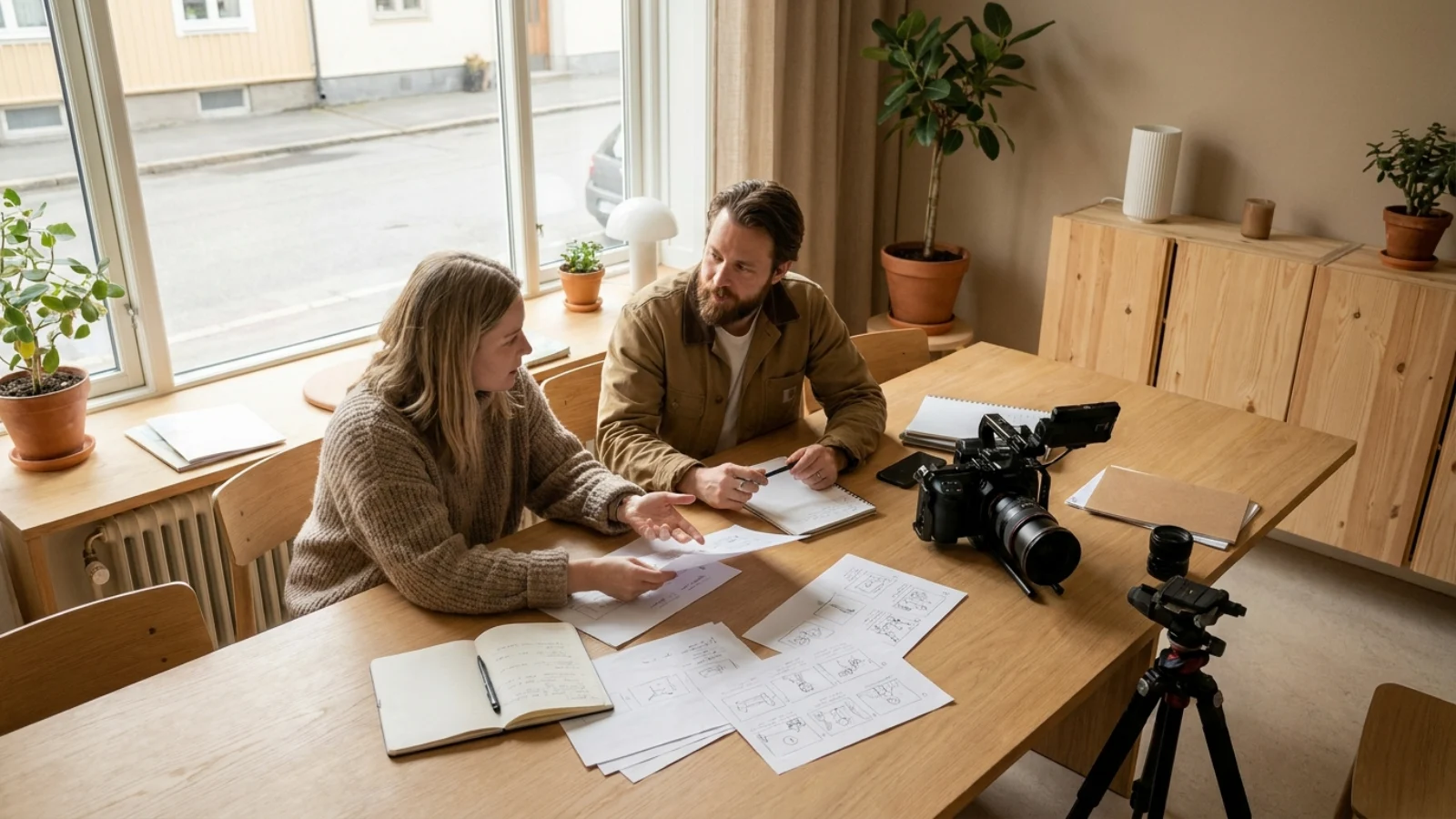 Videoproducent og kunde planlægger optagelse