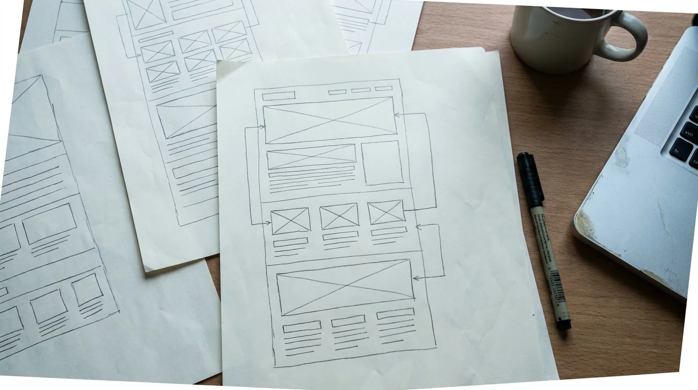 Håndtegnede wireframe-skitser af en hjemmesides struktur